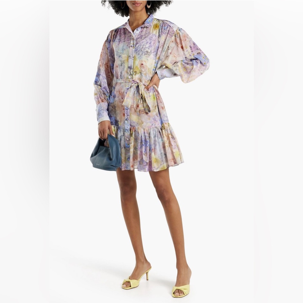 Rhythmic Floral Cotton-blend Chiffon Mini Dress - Blue Print